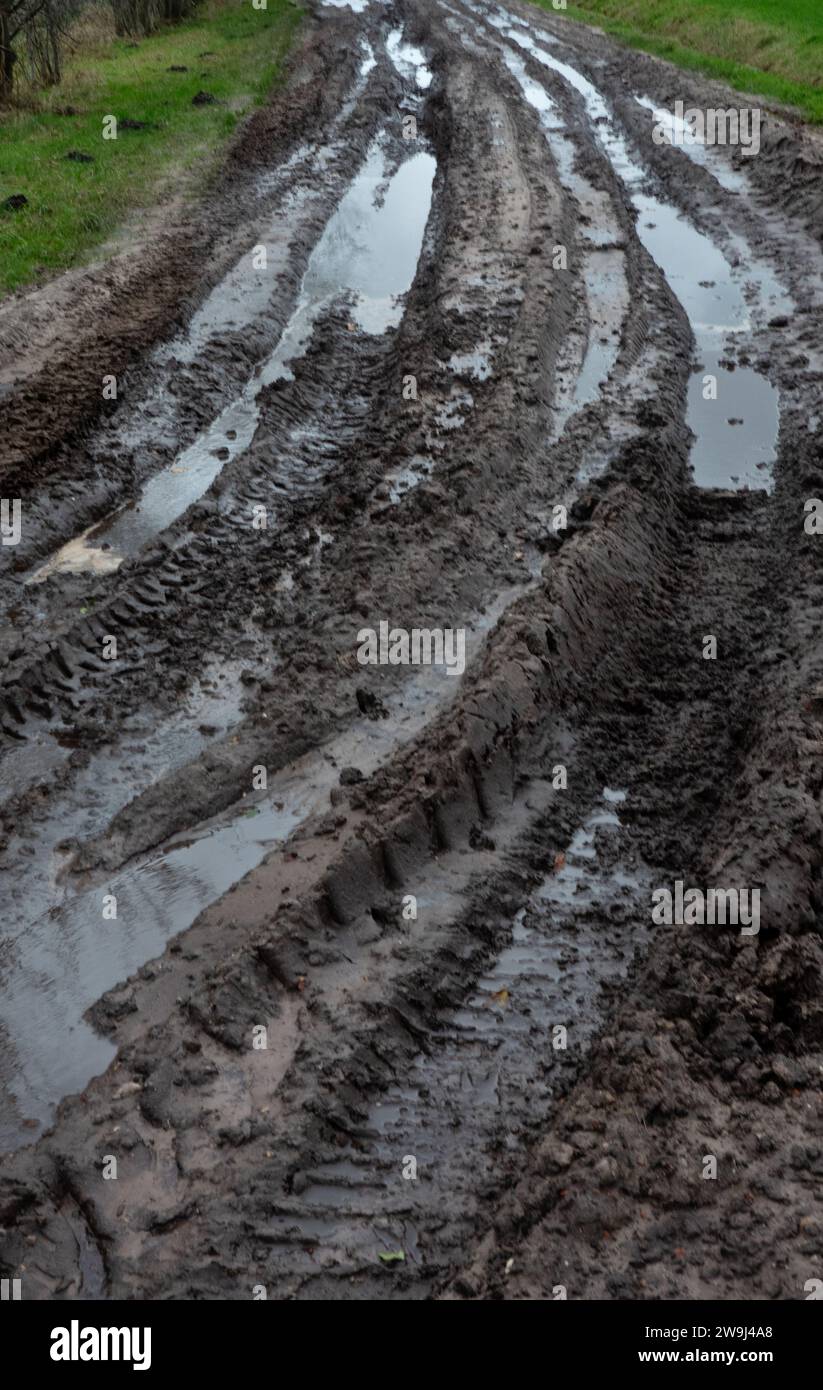 Pioggia eccessiva, percorso fangoso pieno di cingoli del trattore Foto Stock