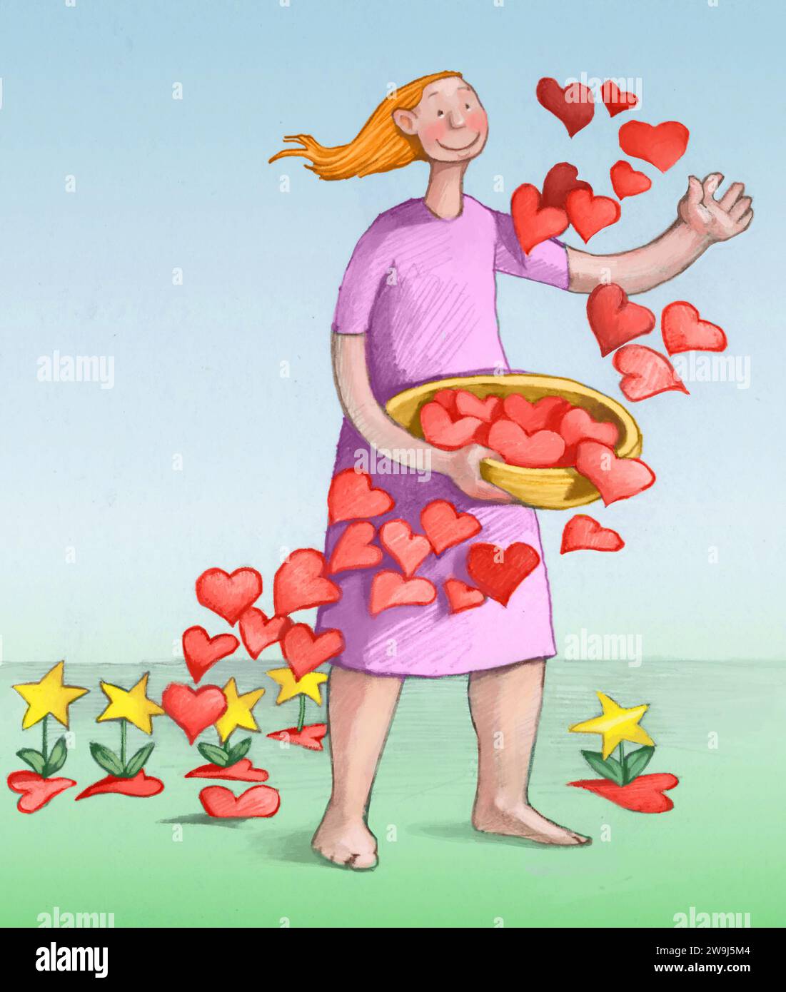 una donna semina molti cuori da cui nascono piantine con fiori di stelle Foto Stock