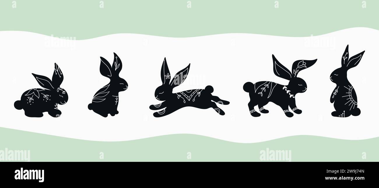 Set di sagome di coniglio in diverse pose. Conigli disegnati a mano decorati con ornamenti bianchi con elementi botanici. Animali che disegnano in stile boho. Illustrazione Vettoriale