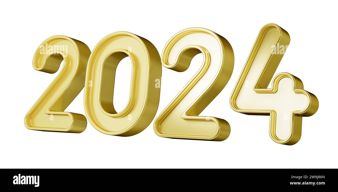 Felice anno nuovo, rendering del testo 3D 2024 con effetto oro, metallico, isolato su sfondo trasparente. Illustrazione 3D. Foto Stock