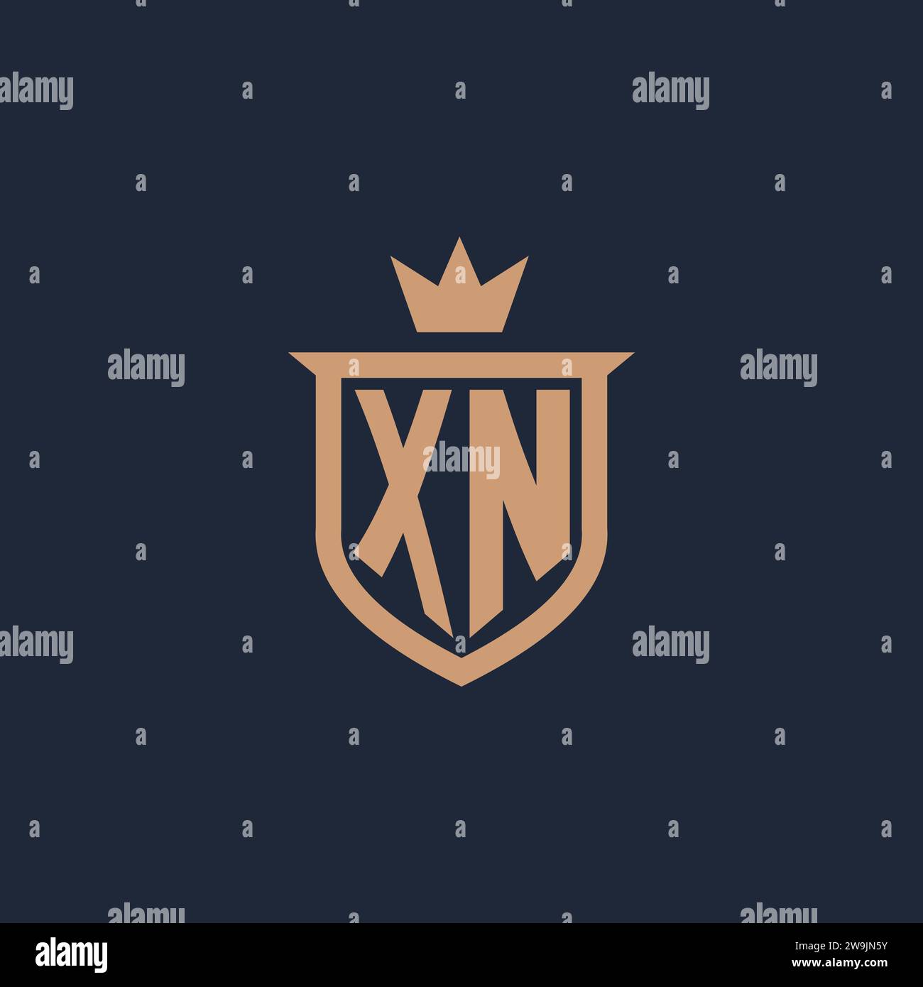 Logo iniziale monogramma XN con idee di design in stile scudo e corona Illustrazione Vettoriale