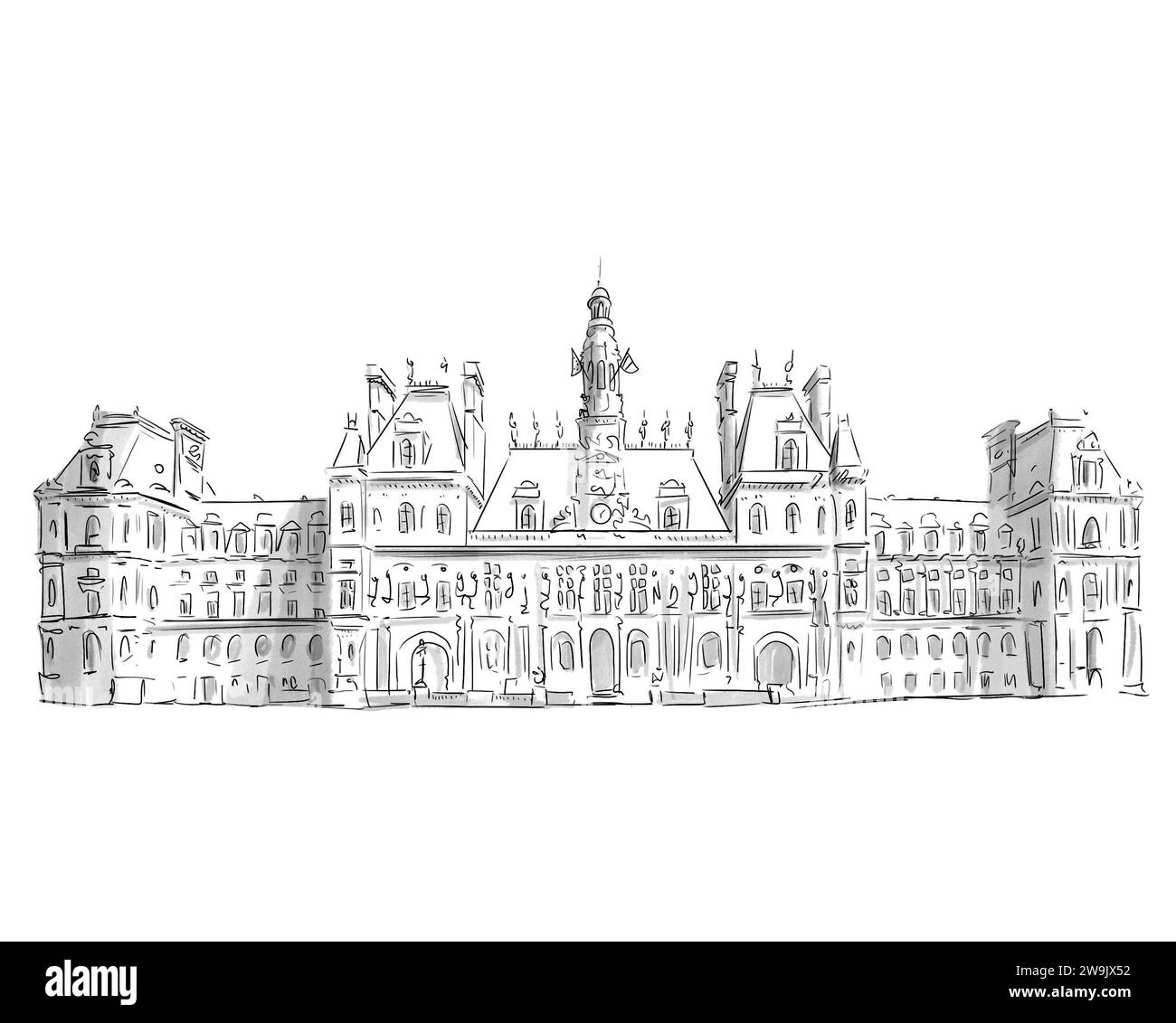 Illustrazione en noir et blanc de Monument de Paris, Hôtel de Ville Foto Stock