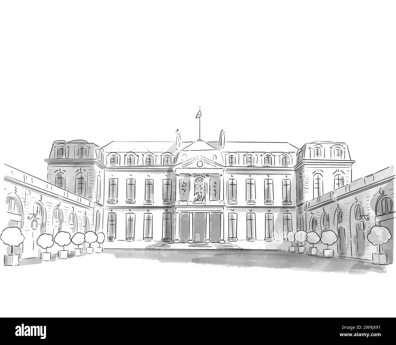 Illustrazione en noir et blanc de Monument de Paris, Palais de l'Elysée Foto Stock