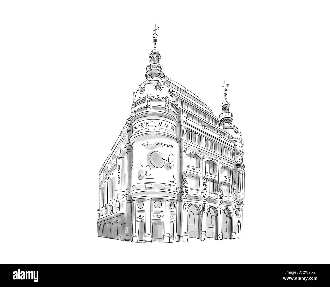 Illustrazione en noir et blanc de Monument de Paris, Au printemps Foto Stock