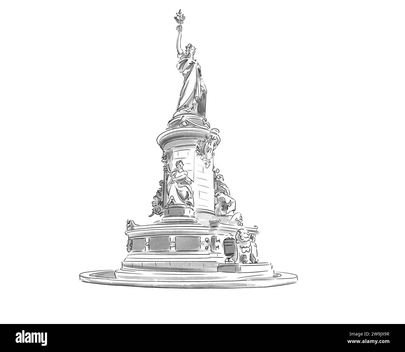 Illustrazione en noir et blanc de Monument de Paris, Place de la république Foto Stock