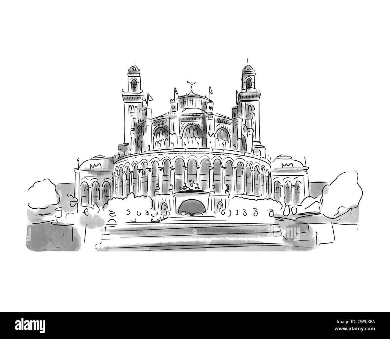 Illustrazione en noir et blanc de Monument de Paris, palais du Trocadero Foto Stock