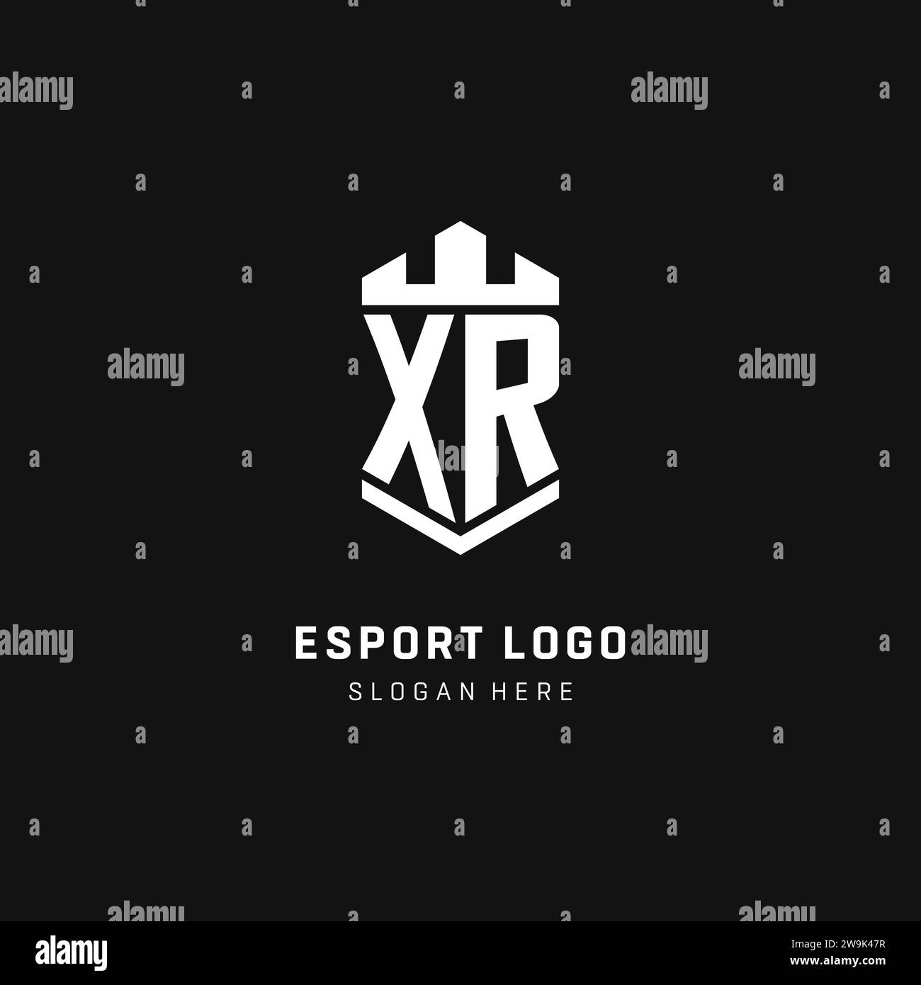 Logo iniziale monogramma XR con grafica vettoriale a forma di corona e protezione Illustrazione Vettoriale