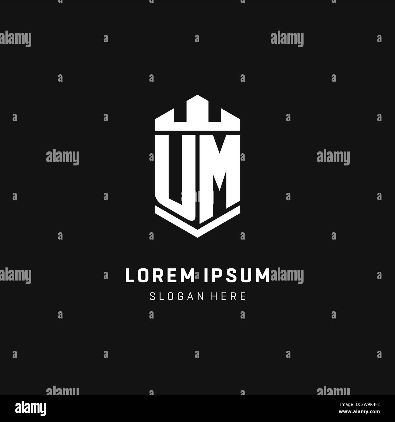 Logo iniziale monogramma UM con grafica vettoriale a forma di corona e protezione Illustrazione Vettoriale