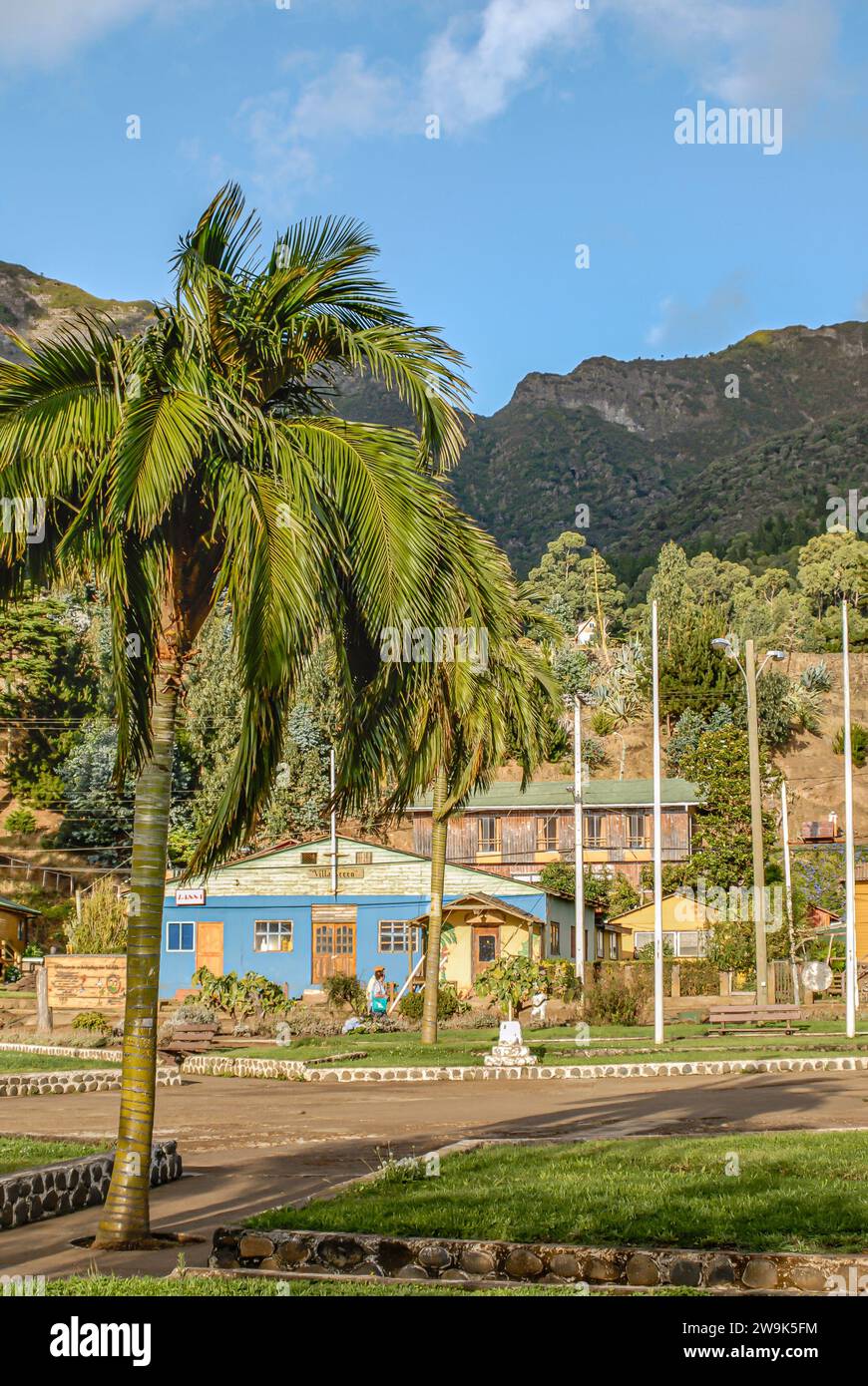 Villaggio San Juan Bautista a Cumberland Bay, Juan Fernandez, Cile, Sud America Foto Stock