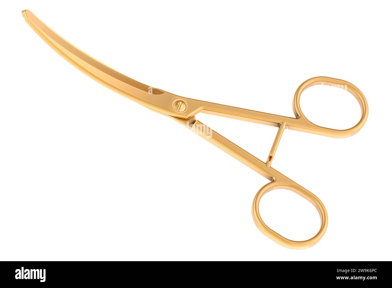 Forbici mediche chirurgiche dorate curve. Rendering 3D isolato su sfondo bianco Foto Stock
