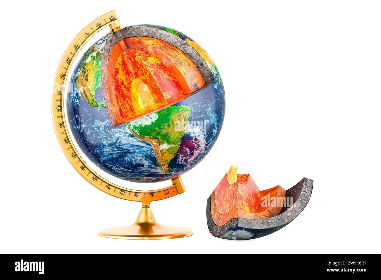 Cross-Sectional World Globe. Struttura dettagliata del concetto del pianeta terrestre, rendering 3D isolato su sfondo bianco Foto Stock