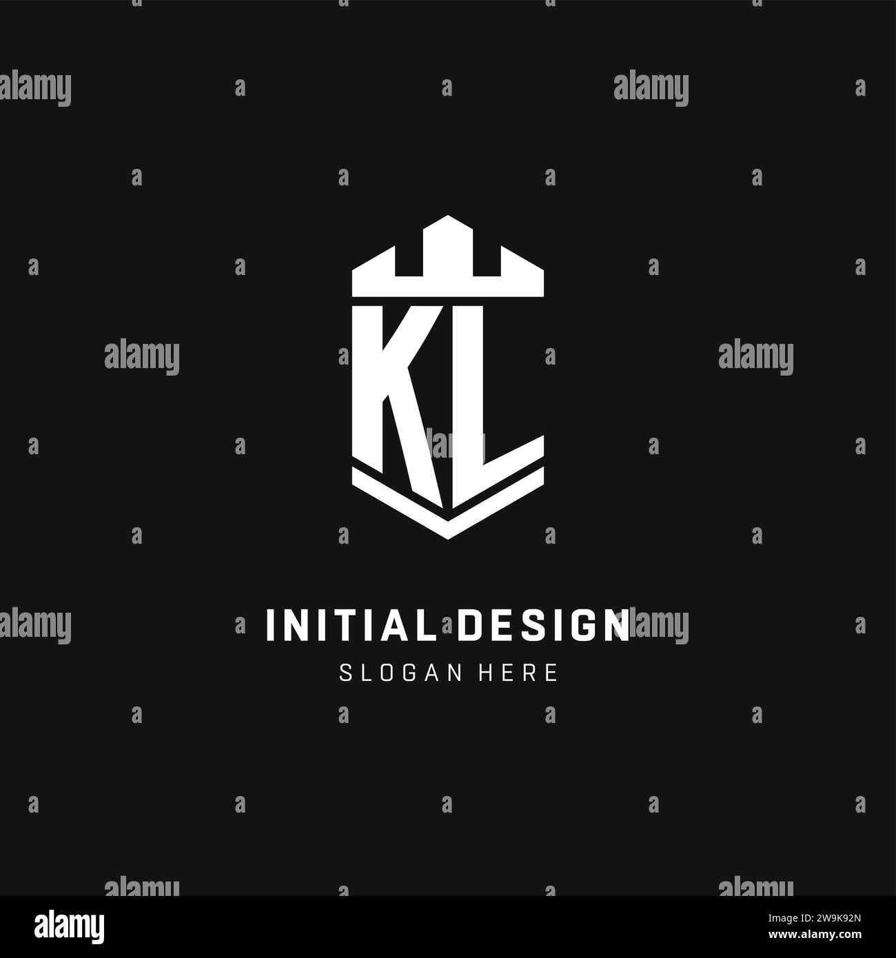 Logo iniziale monogramma KL con grafica vettoriale a forma di corona e protezione Illustrazione Vettoriale