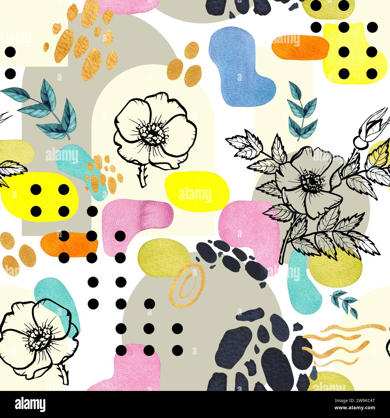 Motivo acquerello in stile collage con macchie, macchie, macchie su sfondo bianco. Modello per confezione di design, cartolina, invito, tessuto, te Foto Stock