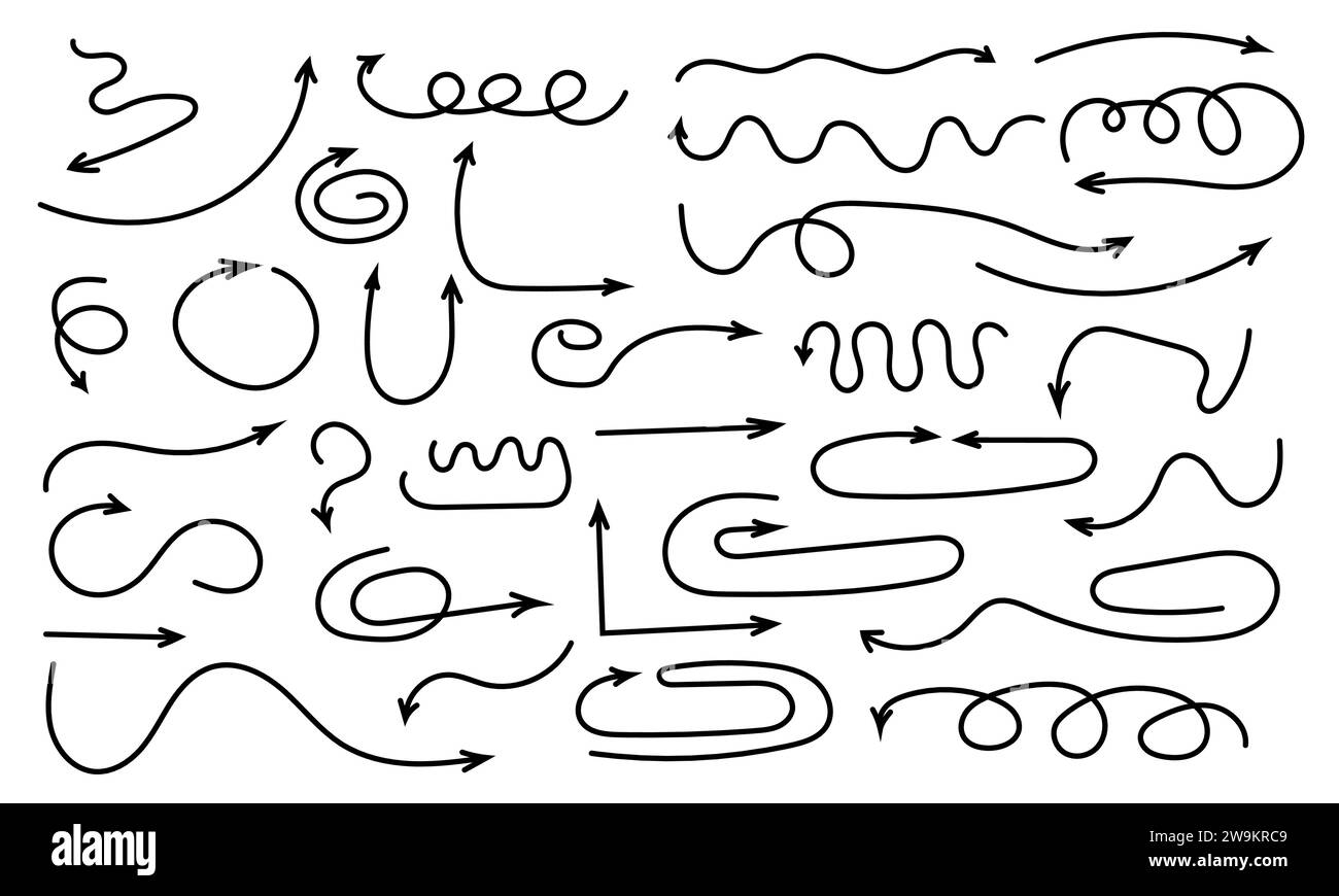 Set di diverse frecce nere vettoriali disegnate a mano. Raccolta di puntatore curvo e diritto Doodle isolata su sfondo bianco Illustrazione Vettoriale