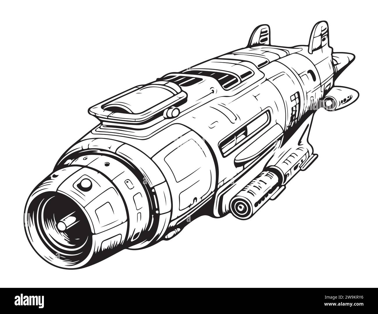 Schizzo dell'astronave in stile retrò, disegnato a mano. Illustrazione vettoriale. Cartone animato Illustrazione Vettoriale