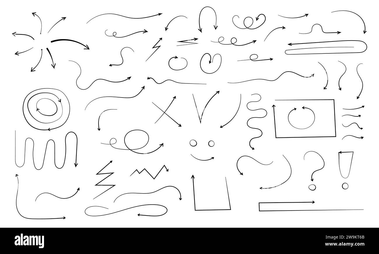 Set di diverse frecce nere vettoriali disegnate a mano. Raccolta di puntatore curvo e diritto Doodle isolata su sfondo bianco Illustrazione Vettoriale