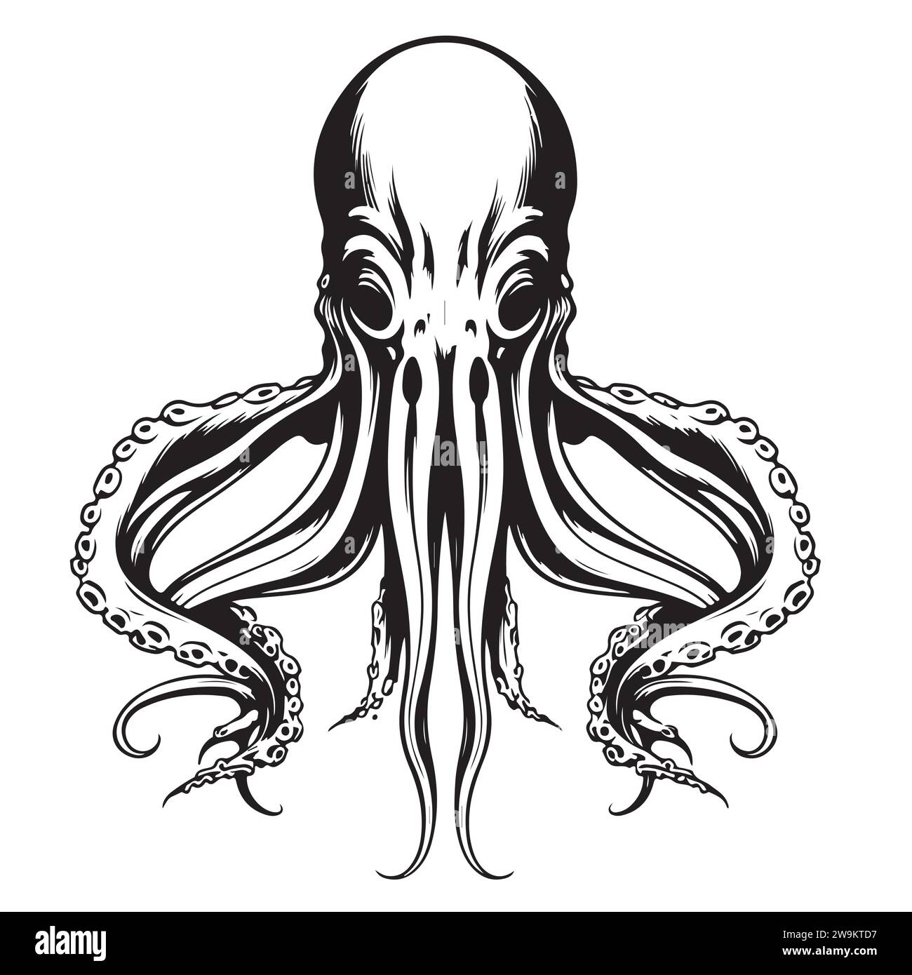 Polpo marino. Inciso disegnato a mano in vecchio schizzo, creatura vintage. Nautica o marina, mostro. Animale nell'oceano. Modello per loghi, etichette ed emblemi. Illustrazione Vettoriale