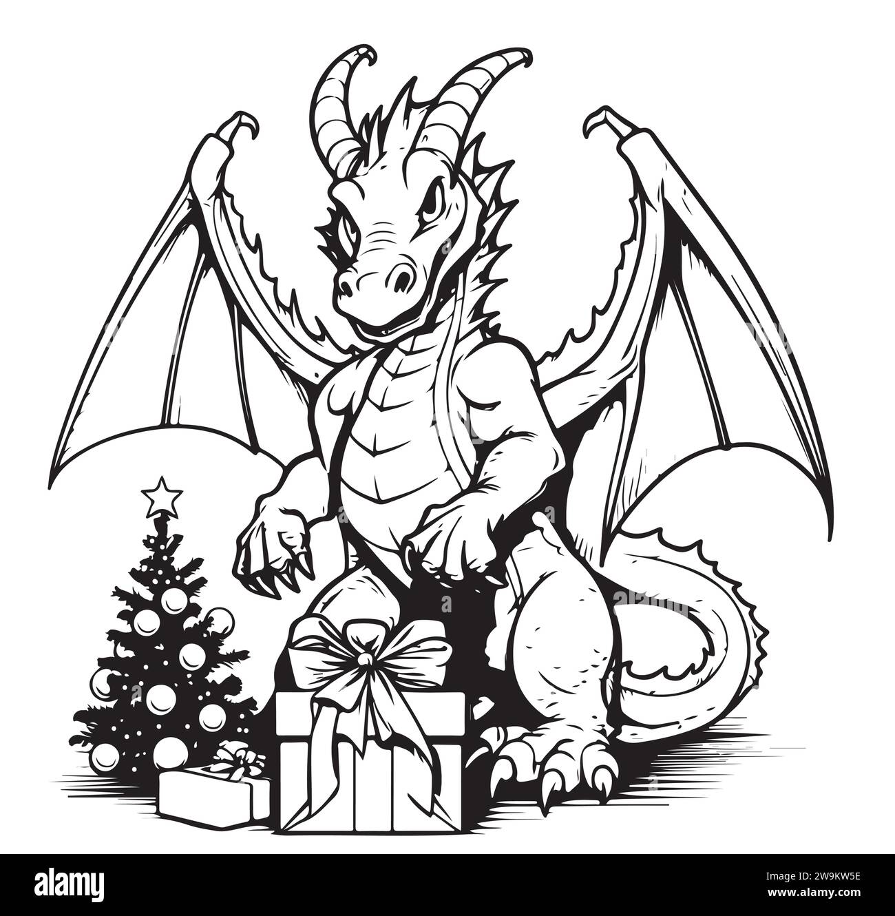 Grazioso drago con scatola regalo di Natale. Simbolo del Capodanno cinese 2024. Contorno da disegno Fantasy baby Dragon per libri da colorare. Illustrazione vettoriale in stile cartoon line art, Illustrazione Vettoriale