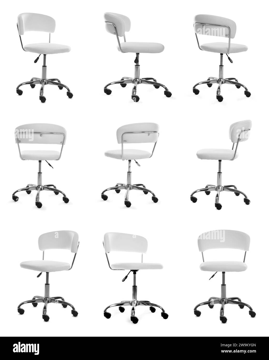 Sedia da ufficio in pelle isolata su bianco, set Foto Stock