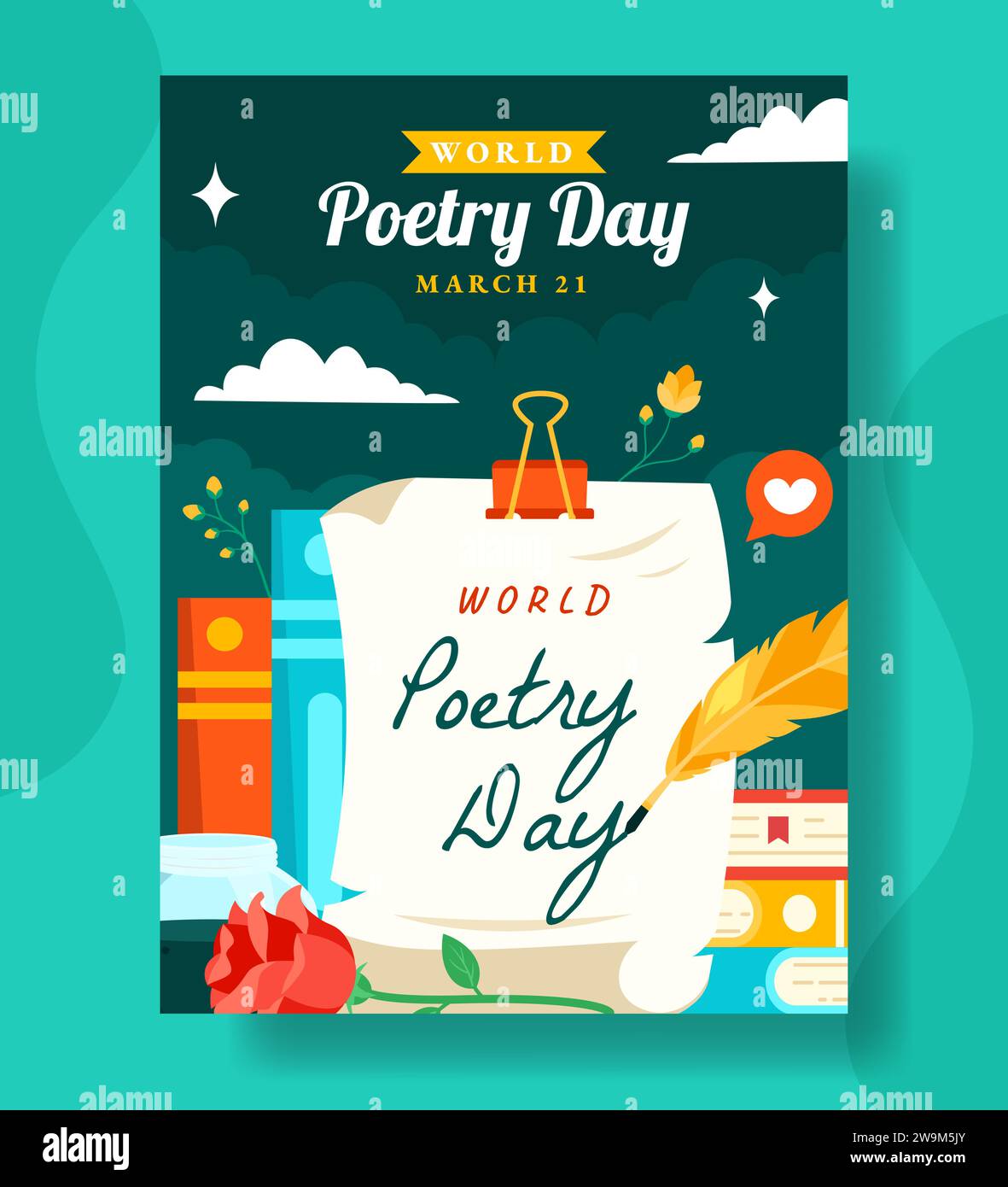 Poster verticale giornata della poesia cartone animato piatto modelli disegnati a mano illustrazione di sfondo Illustrazione Vettoriale