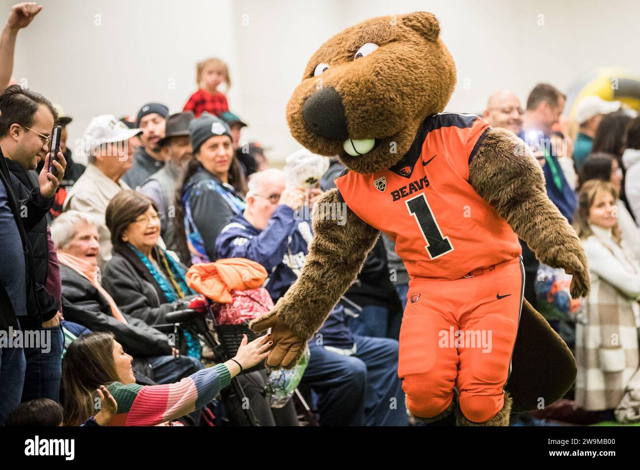 El Paso, Texas, USA. 28 dicembre 2023. La mascotte in costume degli Oregon State Beavers Benny Beaver saluta i tifosi durante la festa dei tifosi del Tony the Tiger Sun Bowl presentata da El Paso Live all'El Paso Convention Center, che ha portato al 90° Tony the Tiger Sun Bowl annuale tra gli Oregon State Beavers e i combattimenti di Notre Dame Irish al Sun Bowl Stadium di El Paso, Texas. Prentice C. James/CSM (immagine di credito: © Prentice C. James/Cal Sport Media). Credito: csm/Alamy Live News Foto Stock
