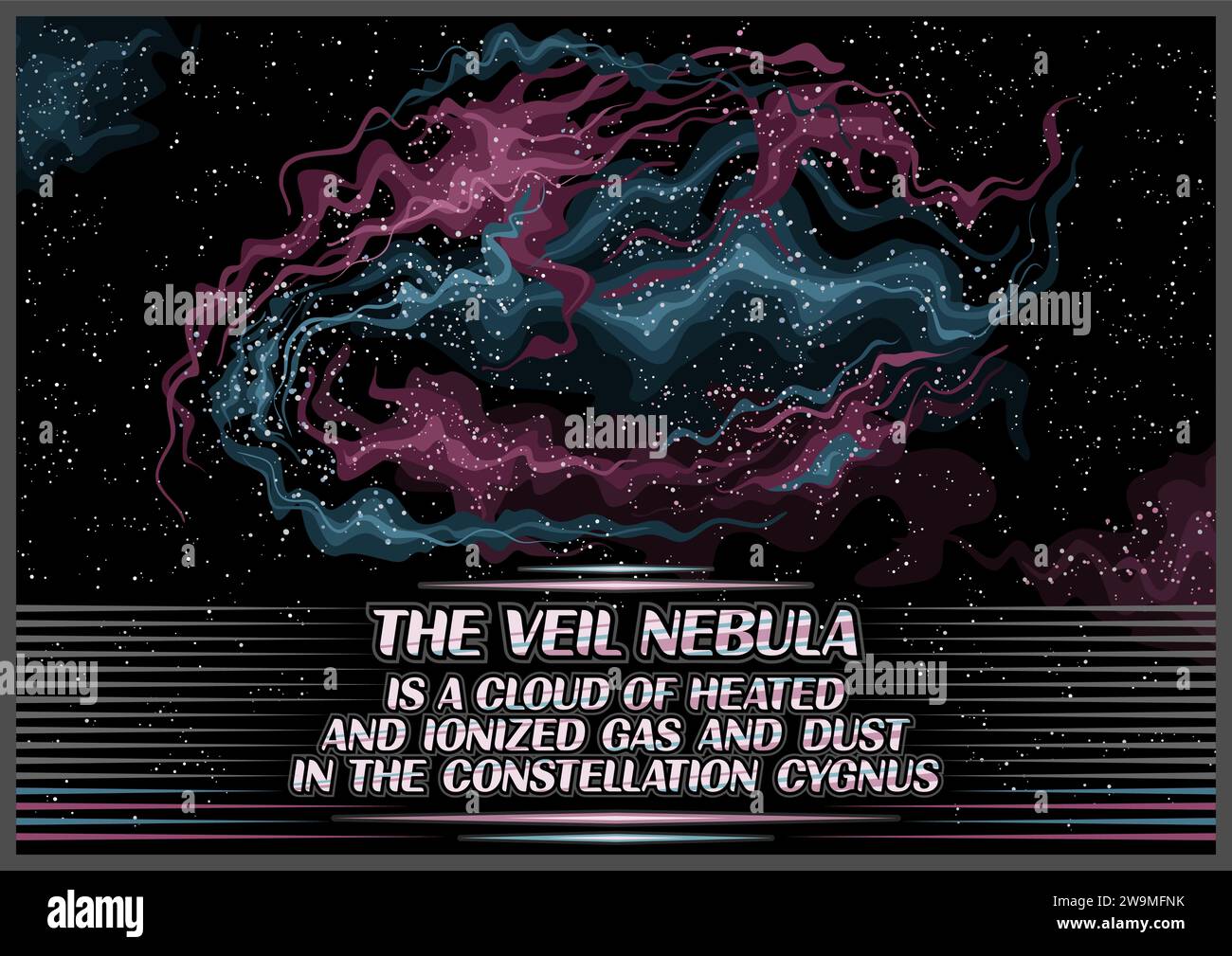 Nebula spaziale vettoriale, poster orizzontale astronomico con design astratto dei cartoni animati Nebula velo (materiale diffuso riscaldato e ionizzato) nello spazio profondo, futu Illustrazione Vettoriale