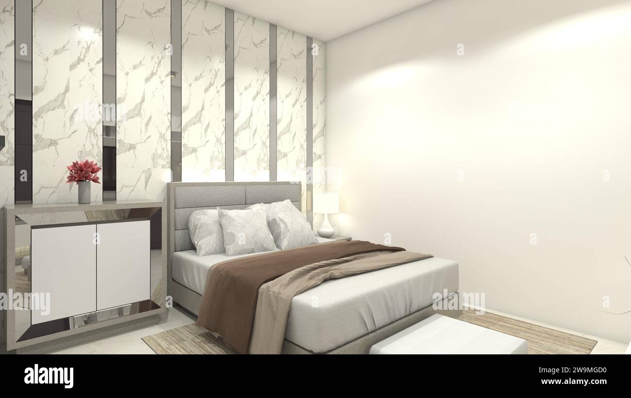 Camera da letto moderna con sfondo a parete in marmo e armadietto con tavolino laterale Foto Stock