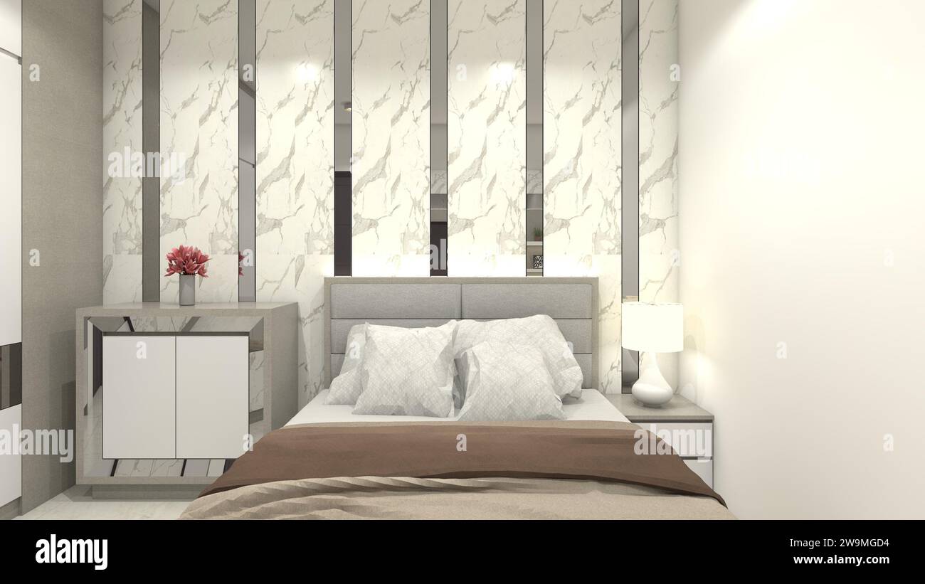 Camera da letto principale minimalista con sfondo a parete in marmo e armadietto con tavolino laterale Foto Stock