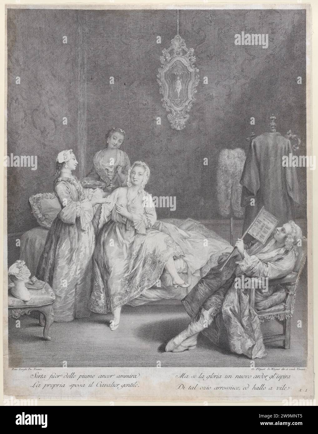 Una donna che si alza dal letto in un elegante interno, con due servitori che la aiutano a vestirsi, mentre il marito siede su una poltrona a destra 1968 di Pietro Longhi (Pietro Falca) Foto Stock