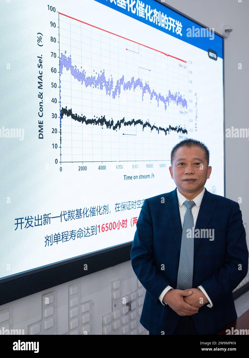 (231229) -- HUAIBEI, 29 dicembre 2023 (Xinhua) -- Liu Zhongmin, accademico dell'Accademia cinese di ingegneria, parla ai media dei progressi della ricerca nell'aggiornamento del catalizzatore presso Tanxin Technology Co., LTD Sotto il gruppo minerario di Huaibei a Huaibei, provincia di Anhui della Cina orientale, 28 dicembre 2023. Il più grande impianto di produzione di etanolo al mondo, con una produzione annua di 600.000 tonnellate, è stato messo in prova giovedì nella città di Huaibei, nella provincia di Anhui della Cina orientale. Le apparecchiature possono convertire il gas del forno di coke in etanolo, il che aumenterà in modo massiccio il valore aggiunto del carbone e offrirà una soluzione fattibile Foto Stock