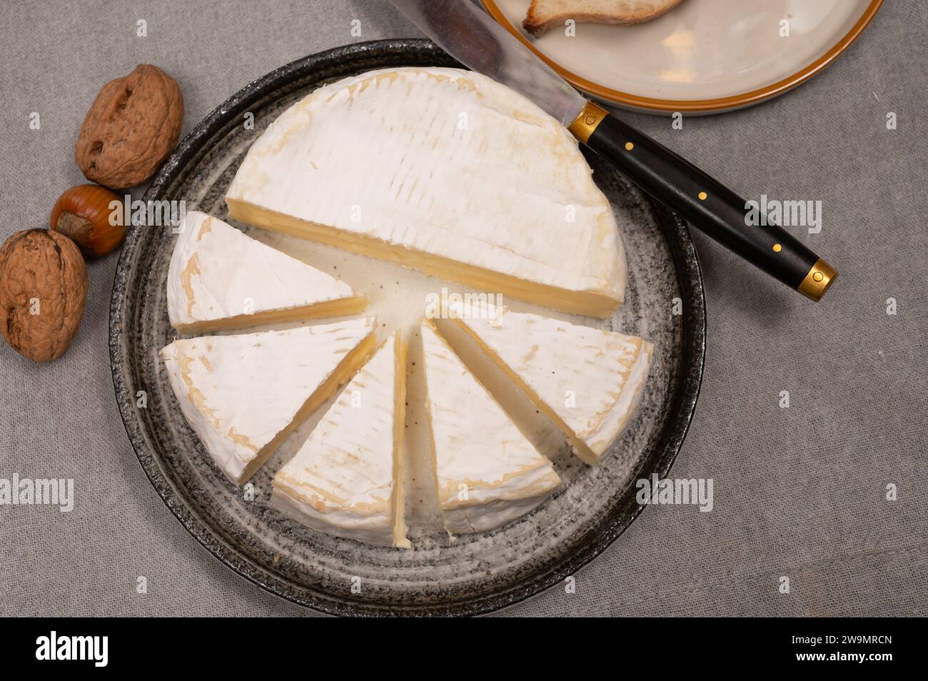 Formaggio Camembert morbido francese, originale Camembert de Normandie con muffa bianca Foto Stock