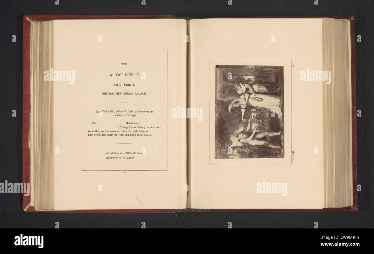 Produzione fotografica da una stampa a un dipinto di John Downman, che rappresenta una scena a voi come di William Shakespeare, Stephen Ayling, dopo William Satchwell Leney, dopo John Downman, c. 1854 - in o prima del 1864 Fotografia potete vedere l'atto i, scena 2 con Rosalind, Celia e Orlando per il Palazzo dell'Hertog. Supporto fotografico londinese albumen stampa opere specifiche di letteratura Foto Stock