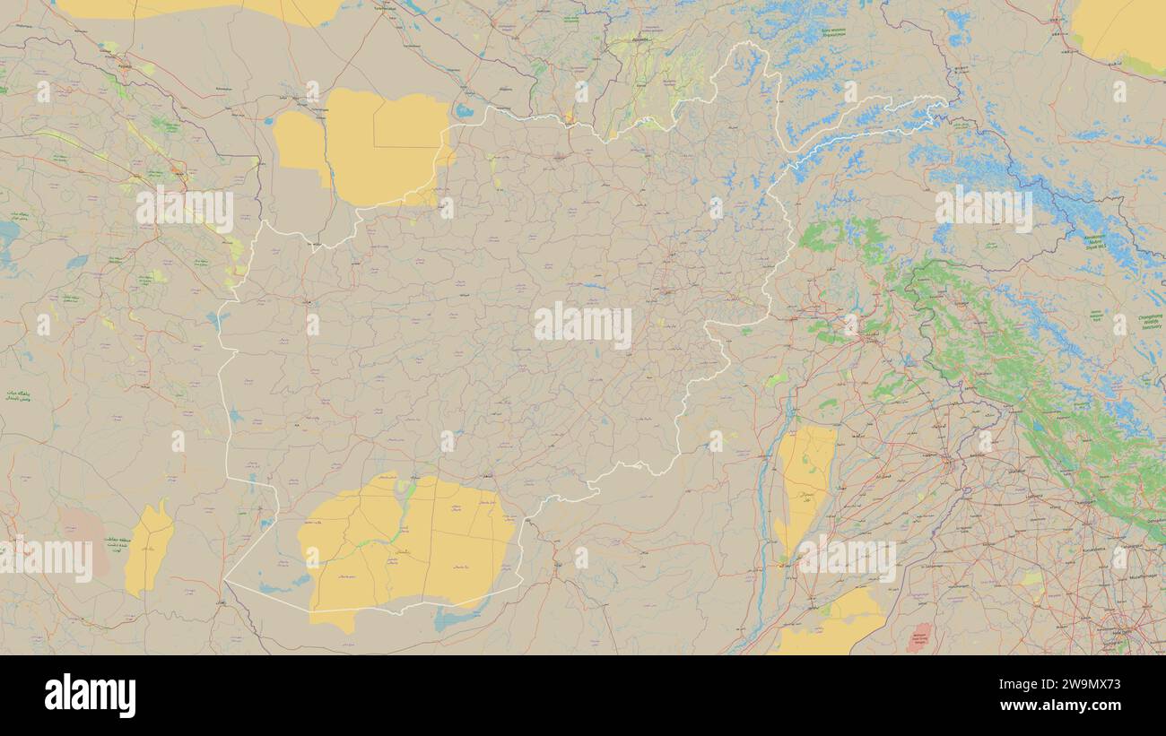 Afghanistan delineato su una mappa topografica di stile standard OSM Foto Stock