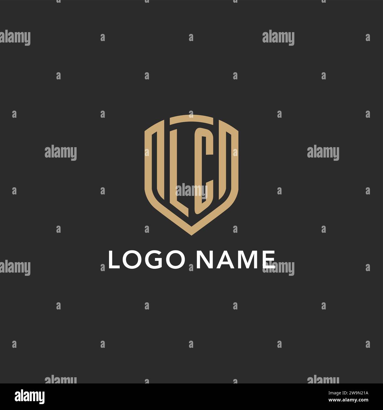Monogramma Luxury con logo LC a forma di scudo in stile monolina con colore oro e grafica vettoriale con sfondo scuro Illustrazione Vettoriale