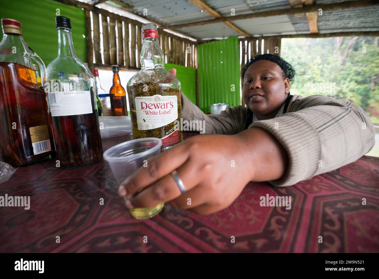 Una donna dominicana serve un bicchierino di "rum cespuglio" locale (moonshine dominicano) infuso di anice locale fresco. Abbiamo scoperto che questa roba non deve essere trascurata. Foto Stock