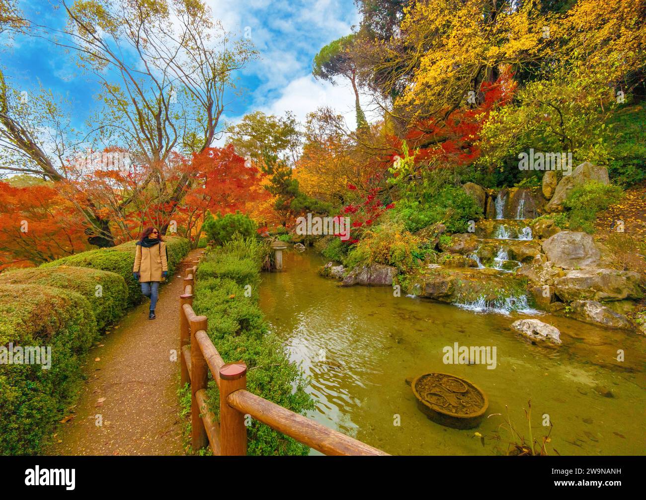 Roma (Italia) - l'Orto Botanico di Trastevere è un lussureggiante parco universitario con fontane monumentali e un giardino giapponese. Qui con fogliame rosso Foto Stock