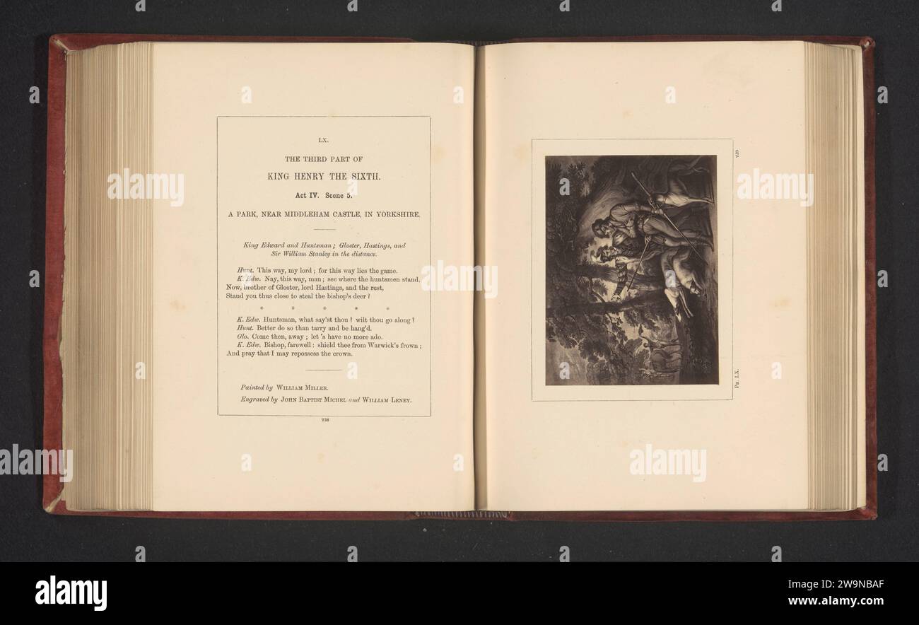 Produzione fotografica da una stampa a un dipinto di William Miller, che rappresenta una scena di Hendrik vi, parte 3 di William Shakespeare, Stephen Ayling, dopo Jean Baptiste Michel, dopo William Satchwell Leney, dopo William Miller, c. 1854 - nel o prima del 1864 Fotografia si può vedere l'atto IV, scena 5 con re Edoardo e un cacciatore in un parco. Supporto fotografico londinese albumen stampa opere specifiche di letteratura Foto Stock