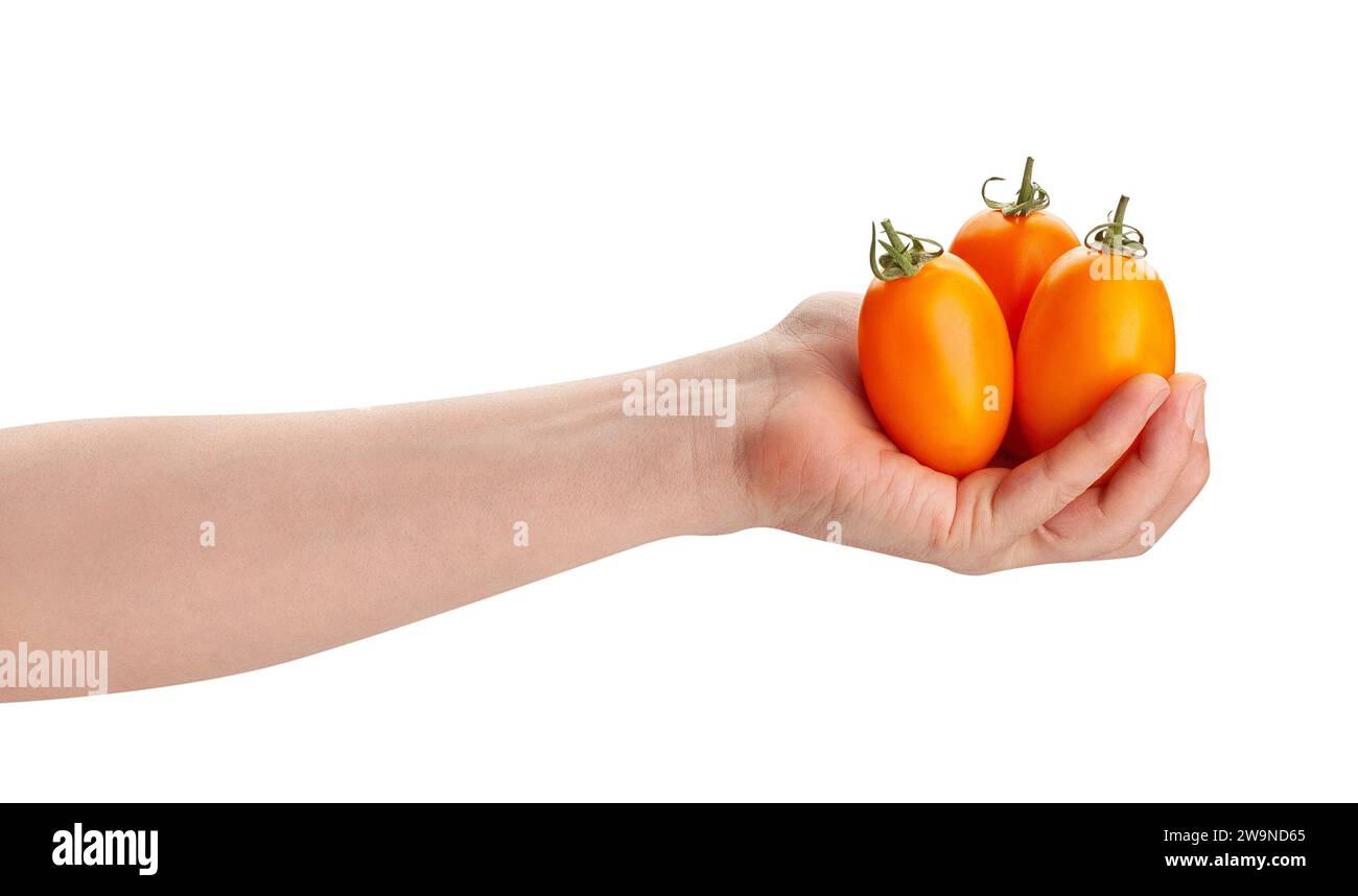 pomodoro prugna arancio nel percorso a mano isolato su bianco Foto Stock