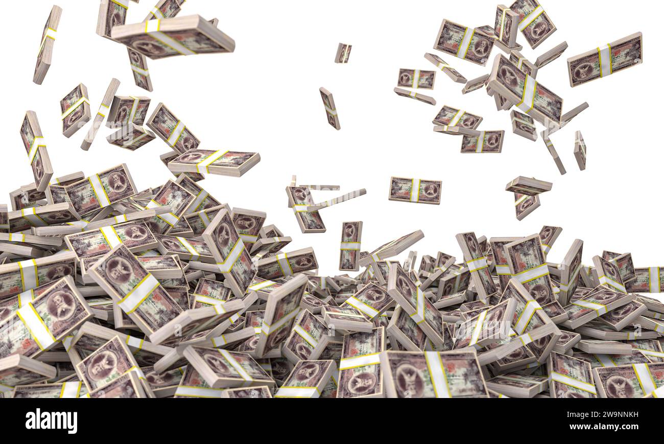 i pacchetti di yen cadono e formano un mucchio di dettagli di rendering 3d. Foto Stock