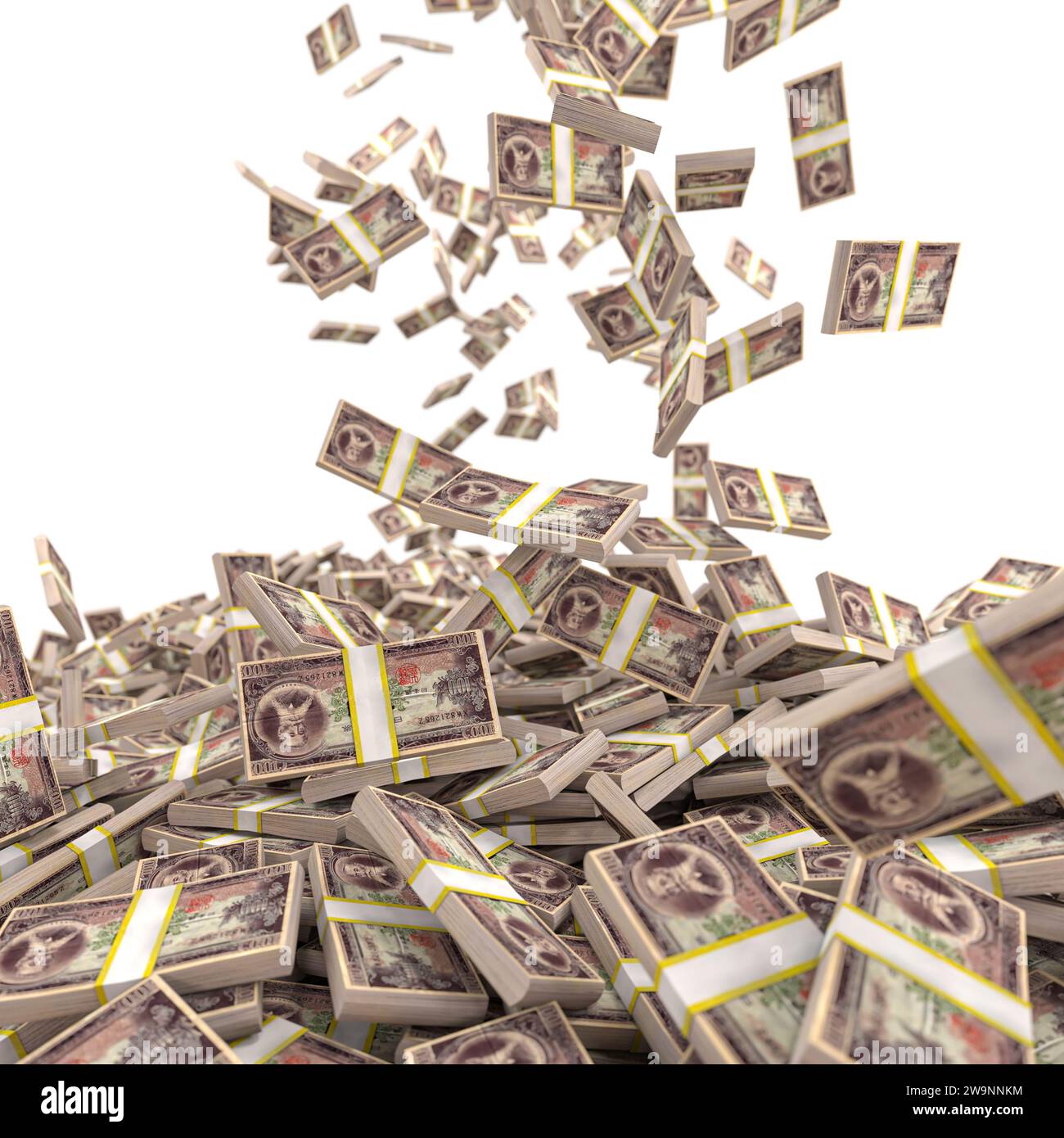 i soldi in yen cadono dall'alto. isolato su bianco. rendering 3d. Foto Stock