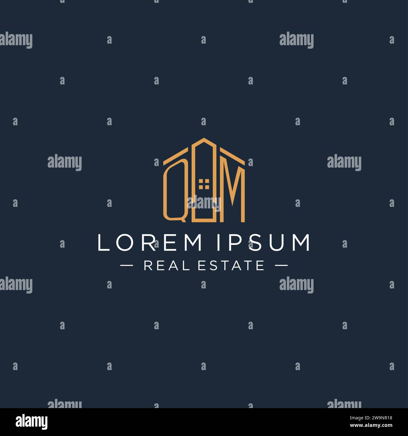 Logo QM iniziale con forma astratta della casa, grafica vettoriale di design moderno e lussuoso del logo immobiliare Illustrazione Vettoriale