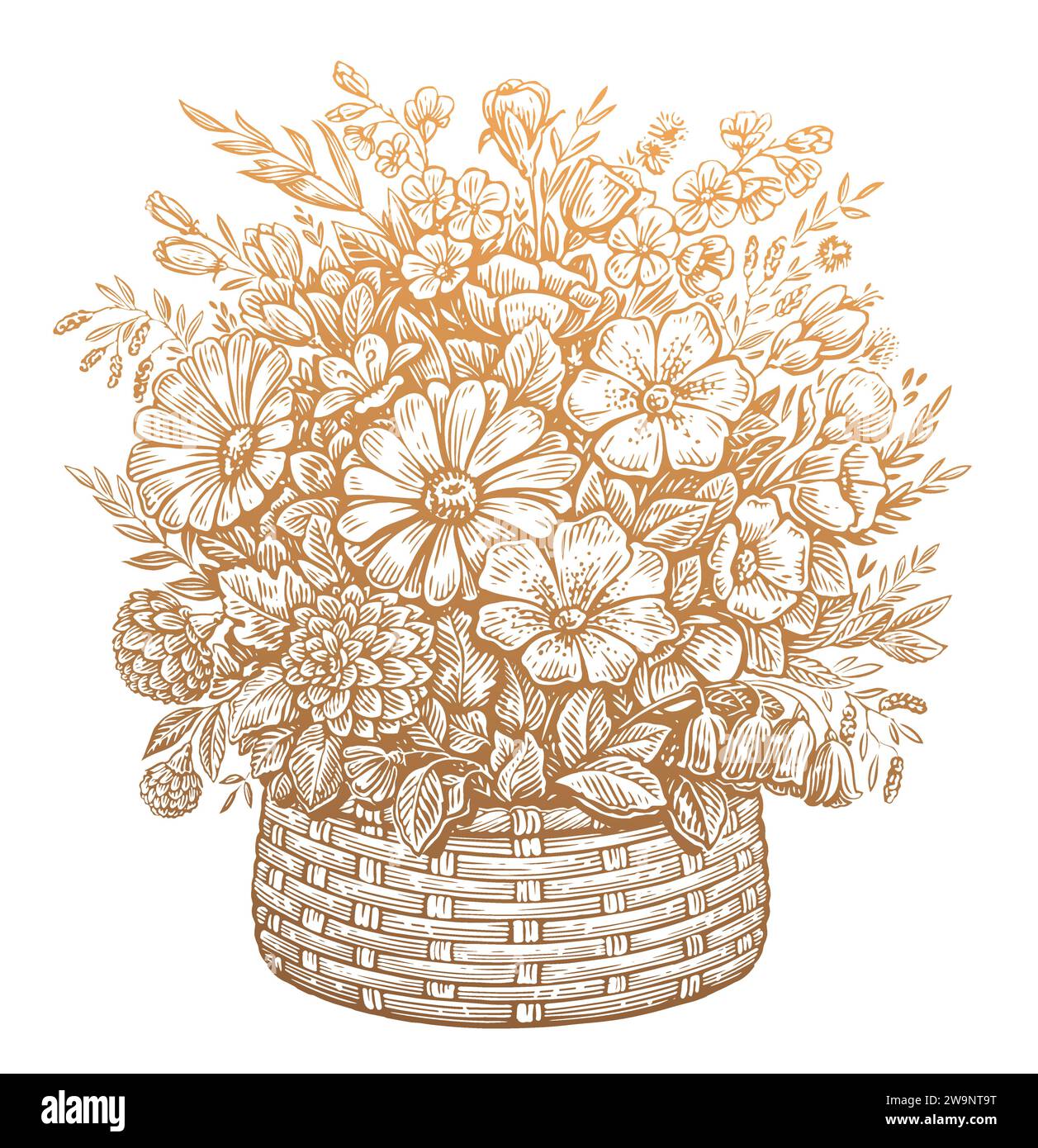 Bellissimo bouquet di fiori selvatici in un cestino, incisione in stile vintage. Illustrazione vettoriale dello schizzo dei fiori Illustrazione Vettoriale