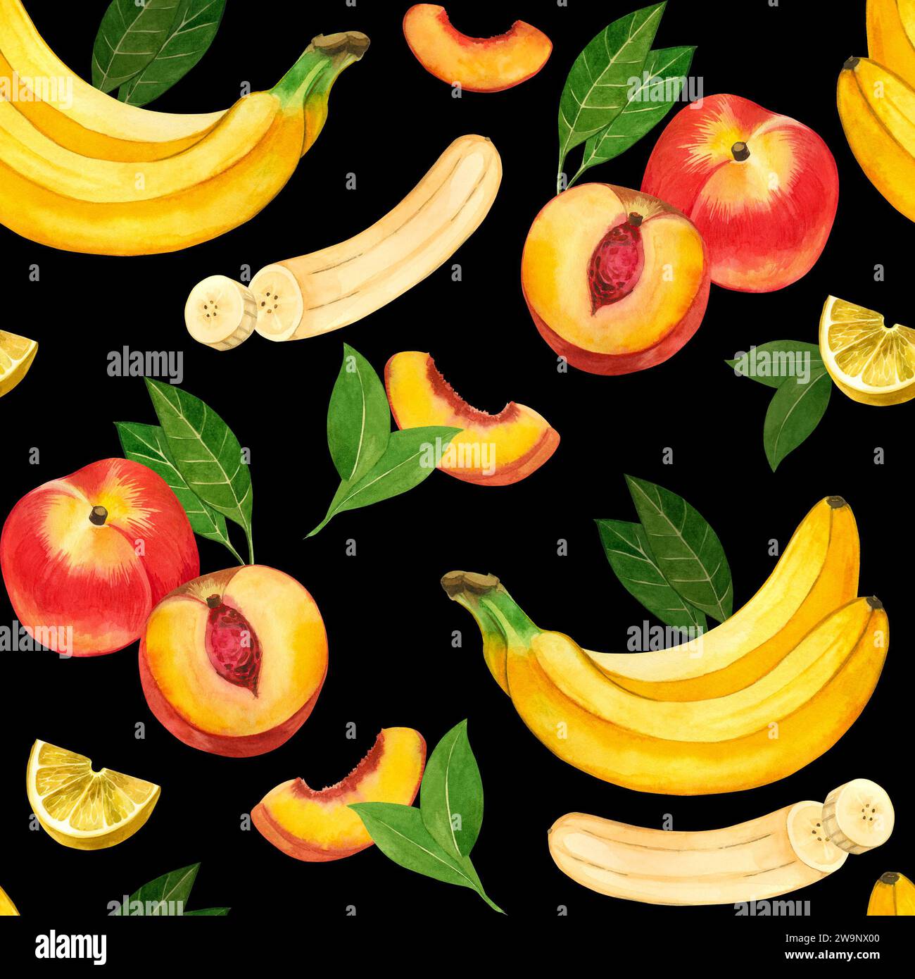 Pattern ad acquerello senza cuciture. Frutta succosa e matura: Banane, nettarine, foglie verdi, fette di limone e frutta dipinte a mano ad acquerello. Foto Stock