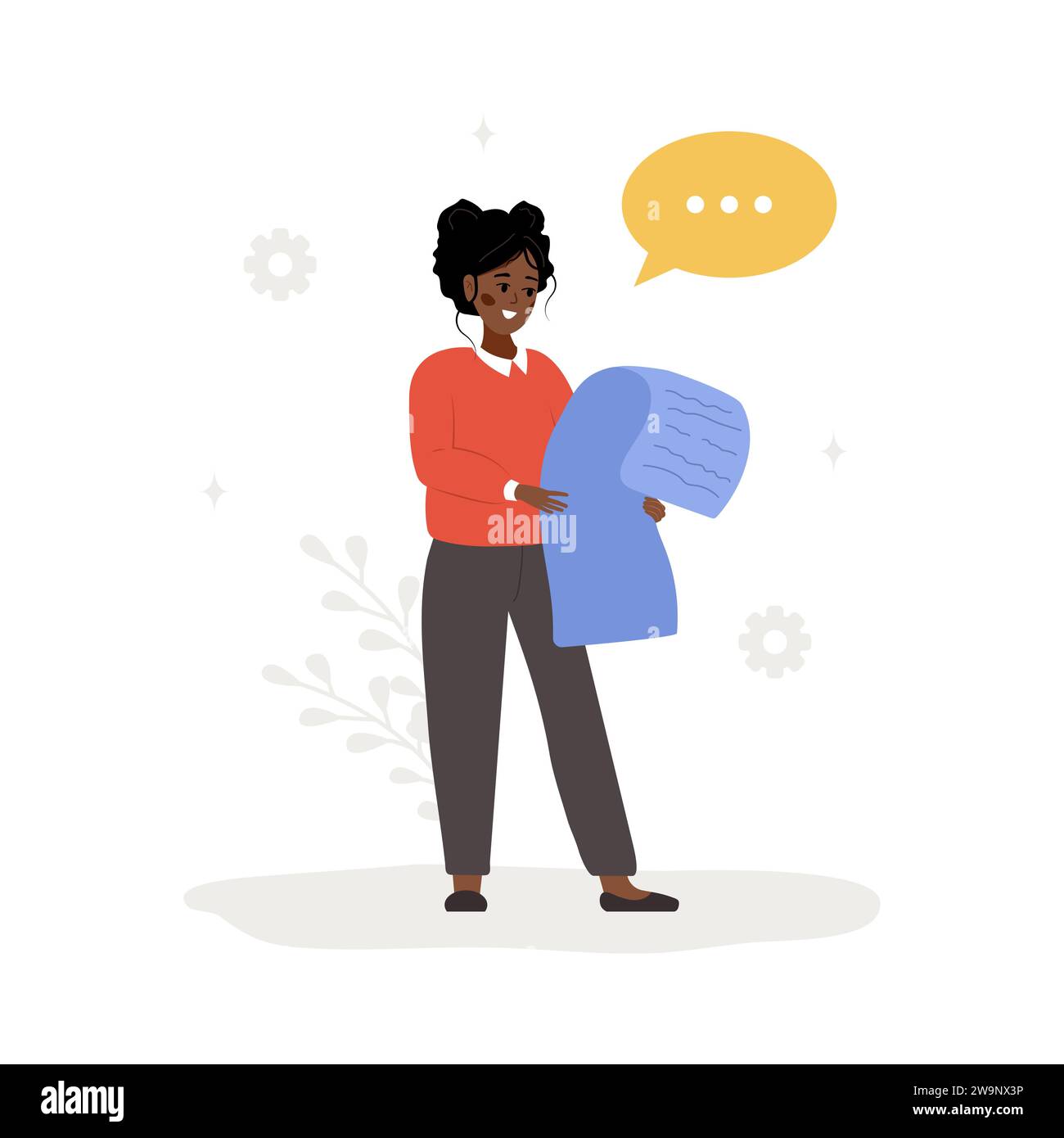 Informazioni sul manuale dell'utente. Personaggio femminile con istruzioni guida. Donna africana che legge il contratto, i termini e le condizioni per l'utente. Domande frequenti o assistenza clienti Illustrazione Vettoriale