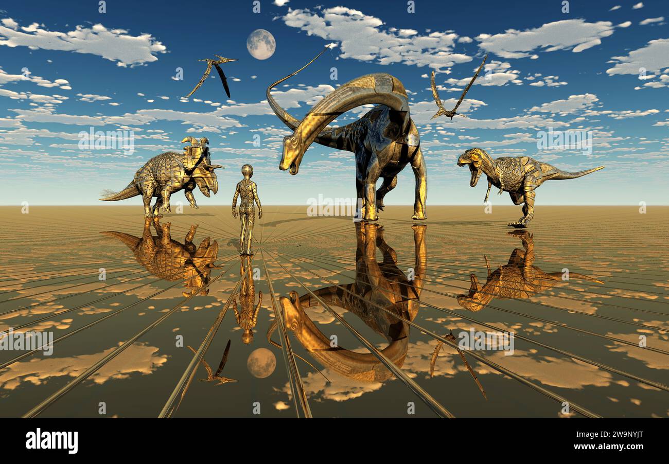 AI Transhuman Boy, in Un dinosauro robotico Par i A Foto Stock