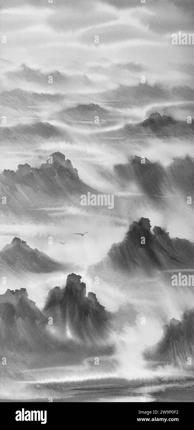 Panorama montano sullo sfondo nebulizzato dell'acquerello Foto Stock