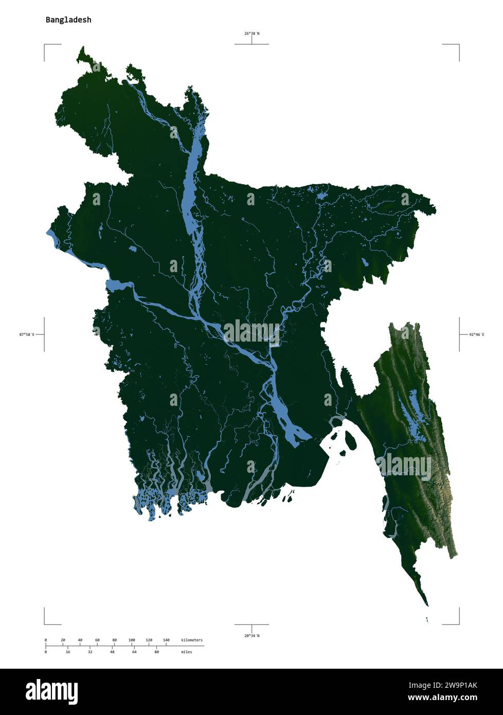 Forma di una mappa colorata di elevazione con laghi e fiumi del Bangladesh, con scala di distanza e coordinate di confine della mappa, isolati su bianco Foto Stock