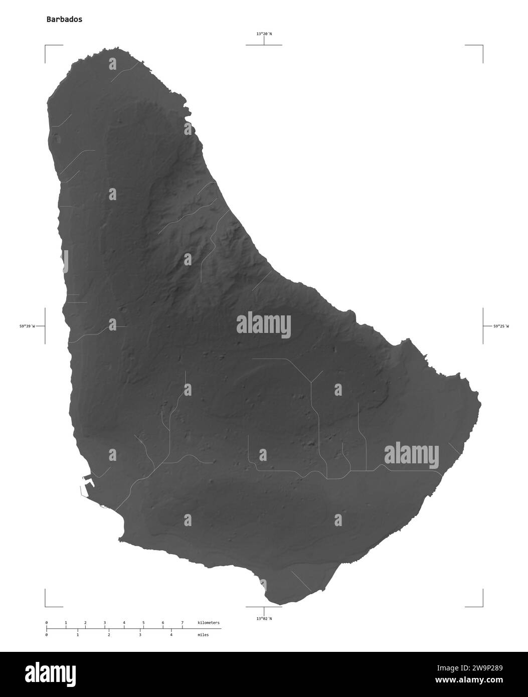 Forma di una mappa di elevazione in scala di grigi con laghi e fiumi delle Barbados, con scala di distanza e coordinate di confine della mappa, isolati su bianco Foto Stock