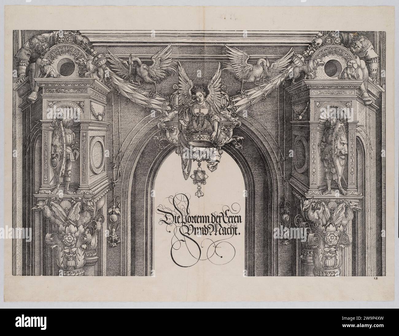 La sezione superiore dell'Entryway al Portale centrale con una figura alata che regge la Corona Imperiale, dall'Arco d'Onore, prova, datata 1515, stampata nel 1517-18 1928 da Albrecht durer Foto Stock