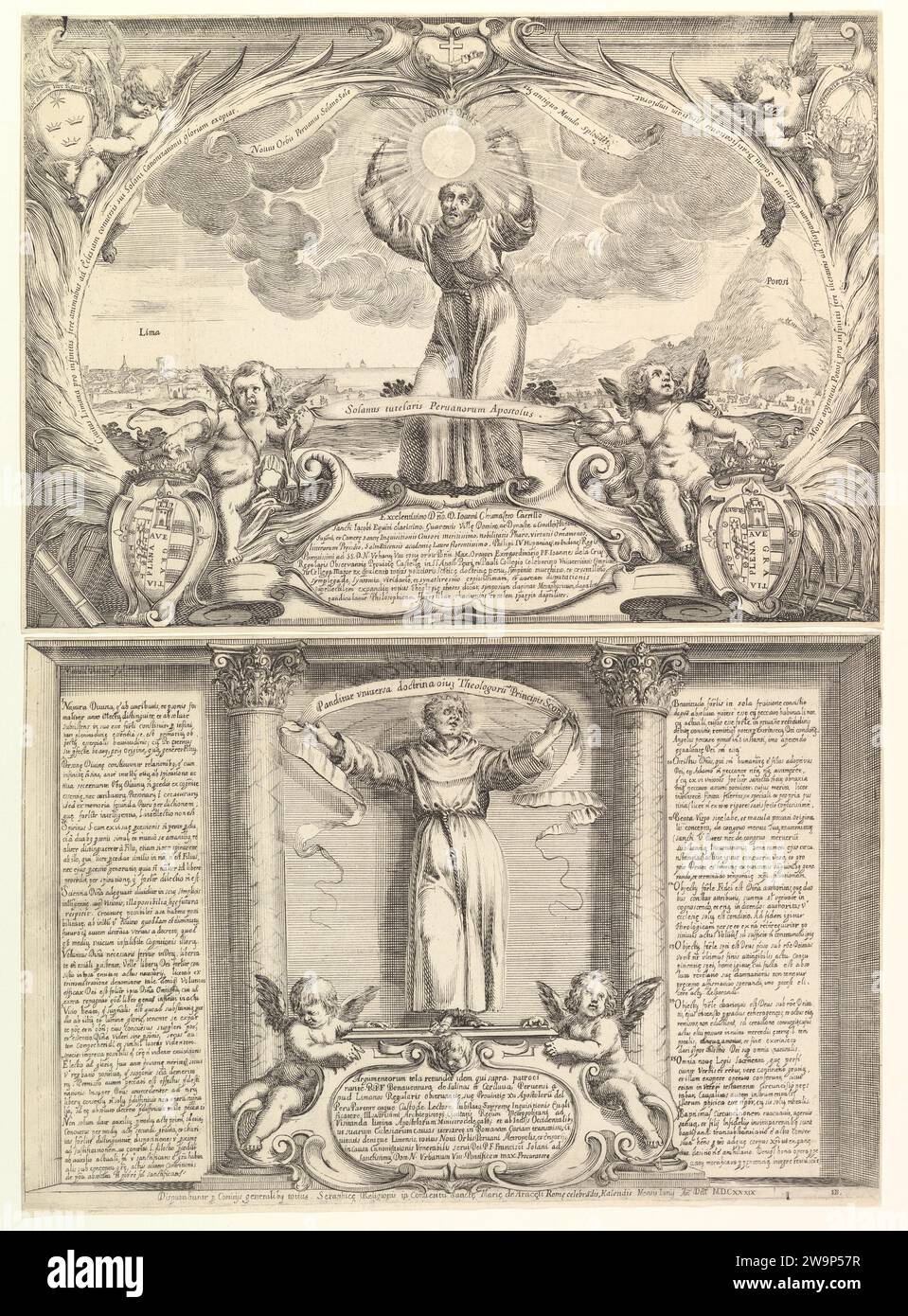 Decorazione per una tesi in onore di San Francesco Solano in due parti: la parte superiore con San Francesco Solano con le braccia alzate e un sole nelle mani con il monte Potosi a destra, la parte inferiore con il medico della chiesa che regge uno stendardo e due putti inferiori al 1987 di Stefano della bella Foto Stock